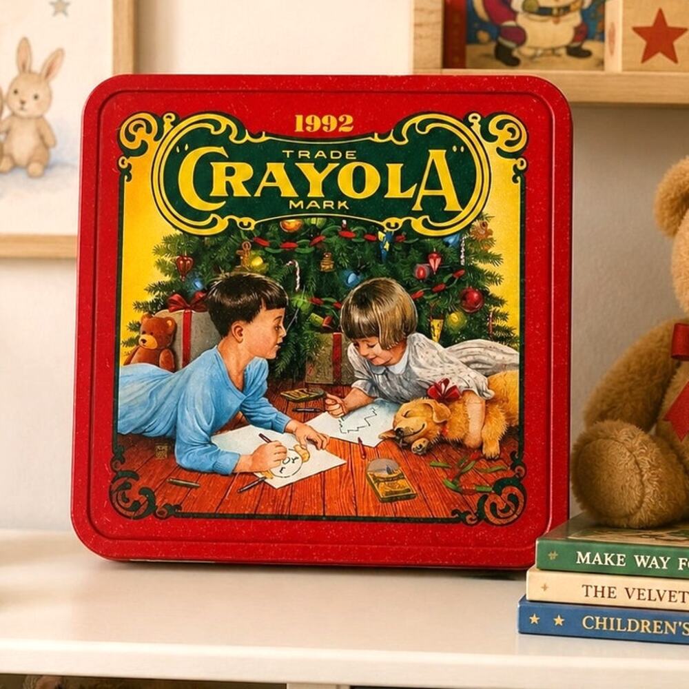 🖍️🍪🎁Vintage 1992 Crayola Christmas Tin Square Holiday Storage Collectible 6"